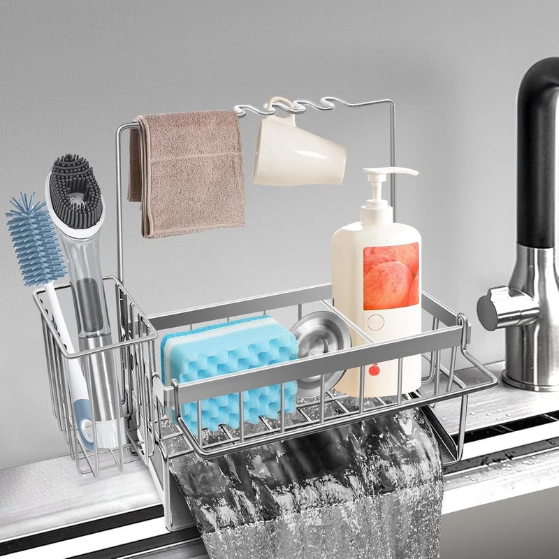 Yazoni Sponge Holder for Kitchen Sink, Rustproof Kitchen Sink Organizer Countertop Holder with High Brush Holder, Multifunctional Soap Dispenser Organizers and Storage Essentials - Image 1